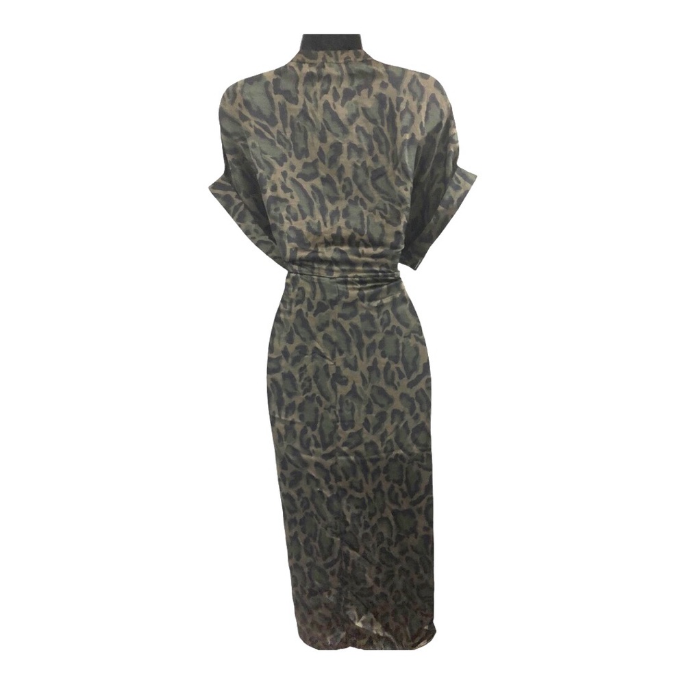 Steve Madden TORI Tony camo green satin look belted button front shirtdress szL - Picture 13 of 17